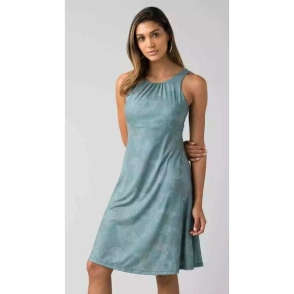 Prana Skypath Dress Sz Small Cut Out Twisted Back Blue Dotty Seafoam Golf Tennis - Picture 1 of 16
